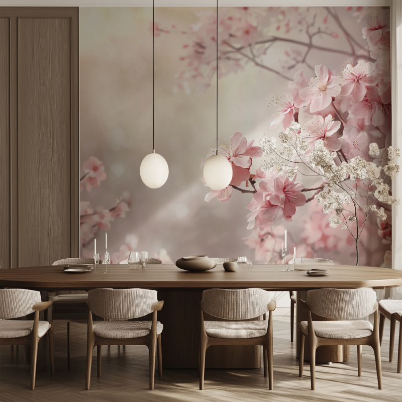 Papier peint arbre fleuri salle manger tendance