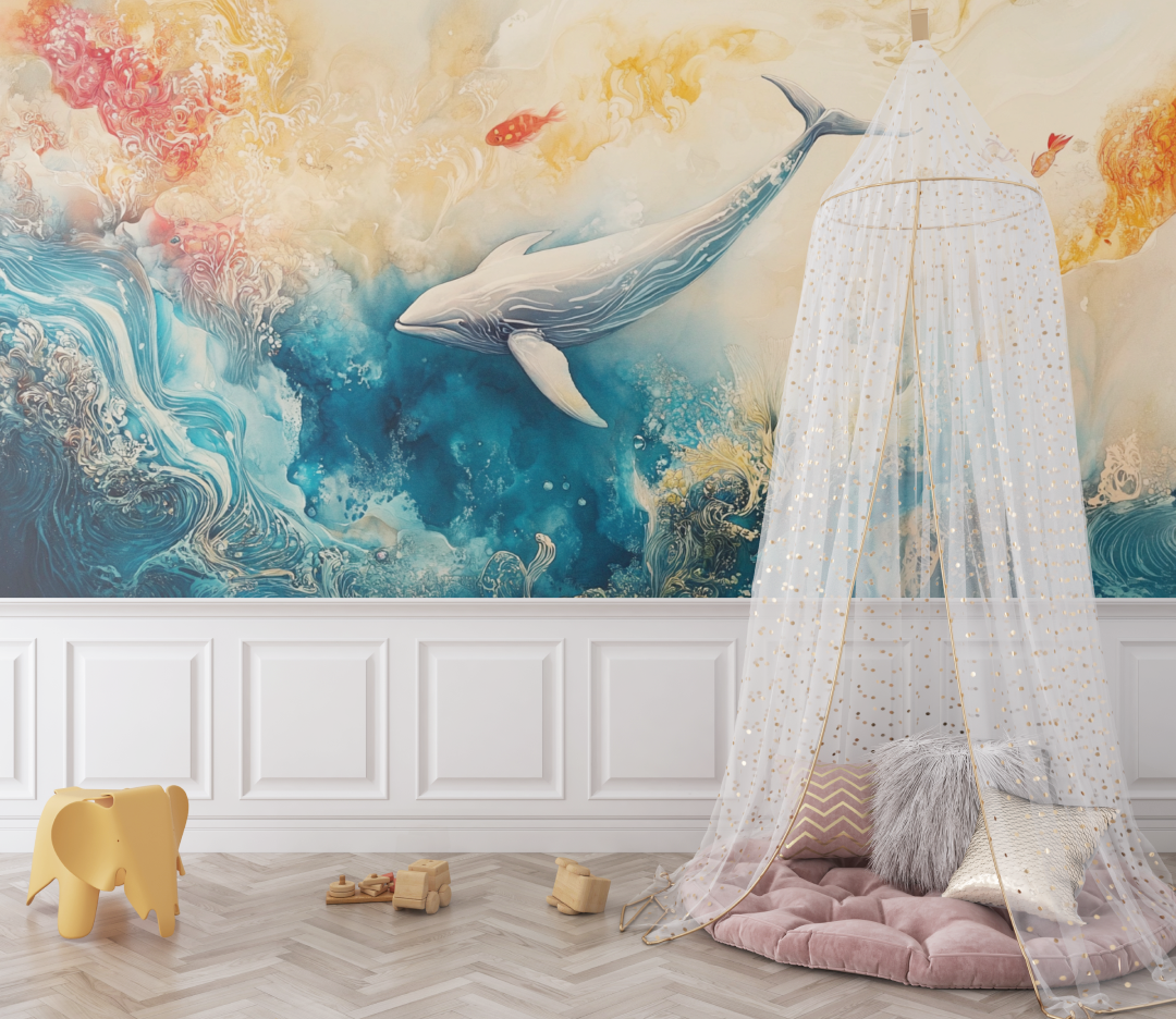 Papier peint baleine aquarelle multicolore bebe