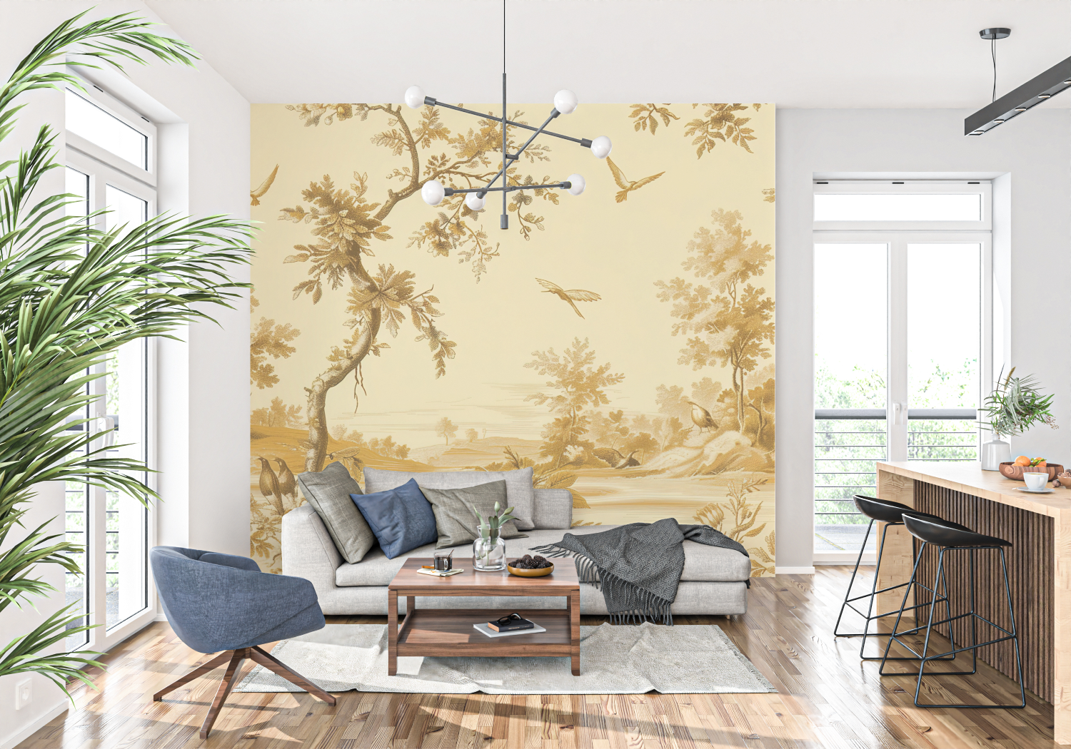 Papier Peint Toile De Jouy Vintage Jaune - panoramique-mur