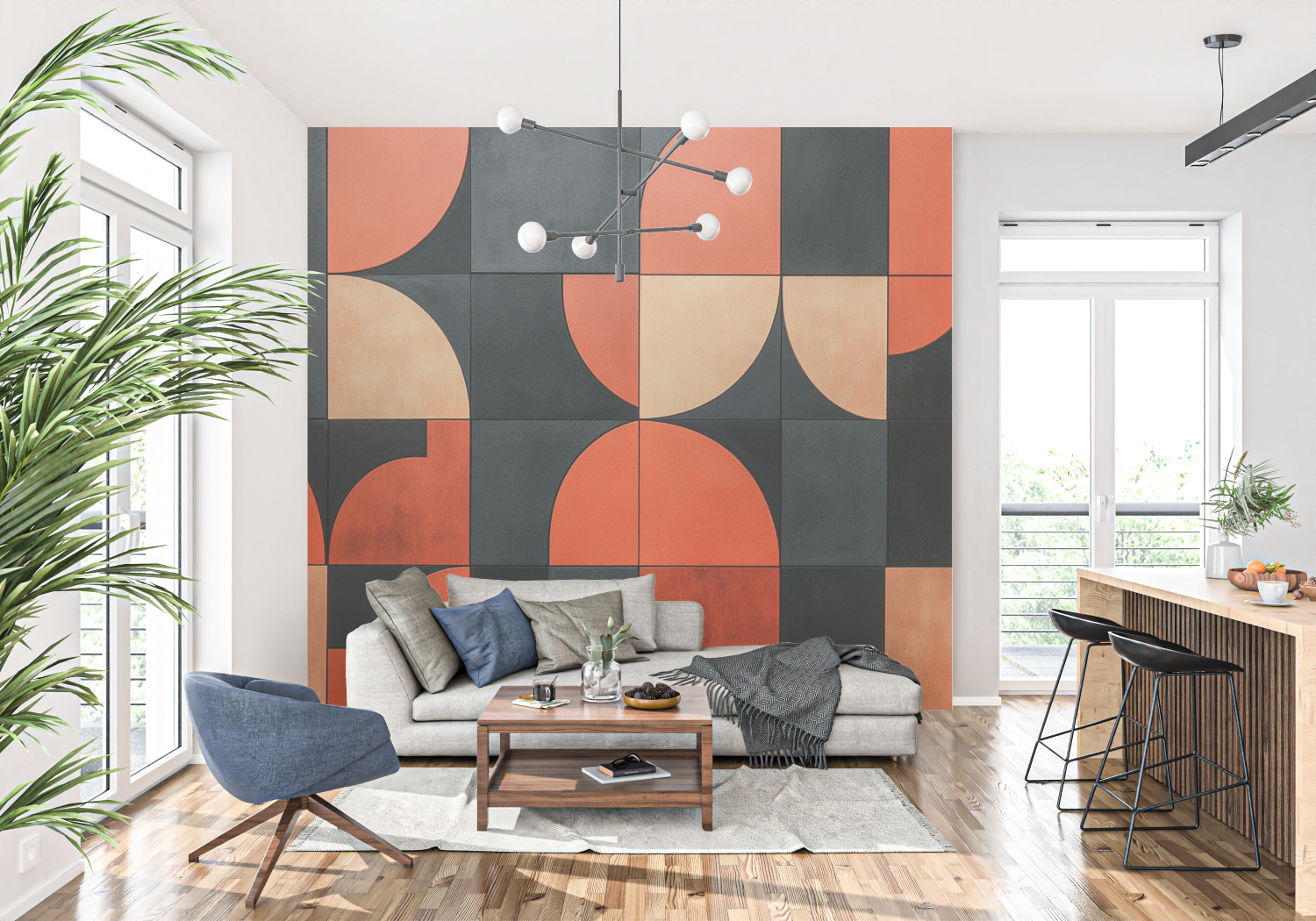 Papier peint terracotta et noir graphique tapisserie