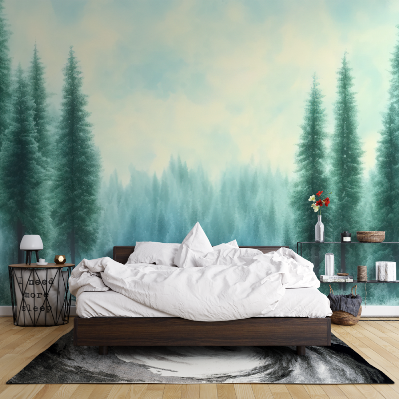 Papier peint aquarelle foret sapins leroy merlin mur