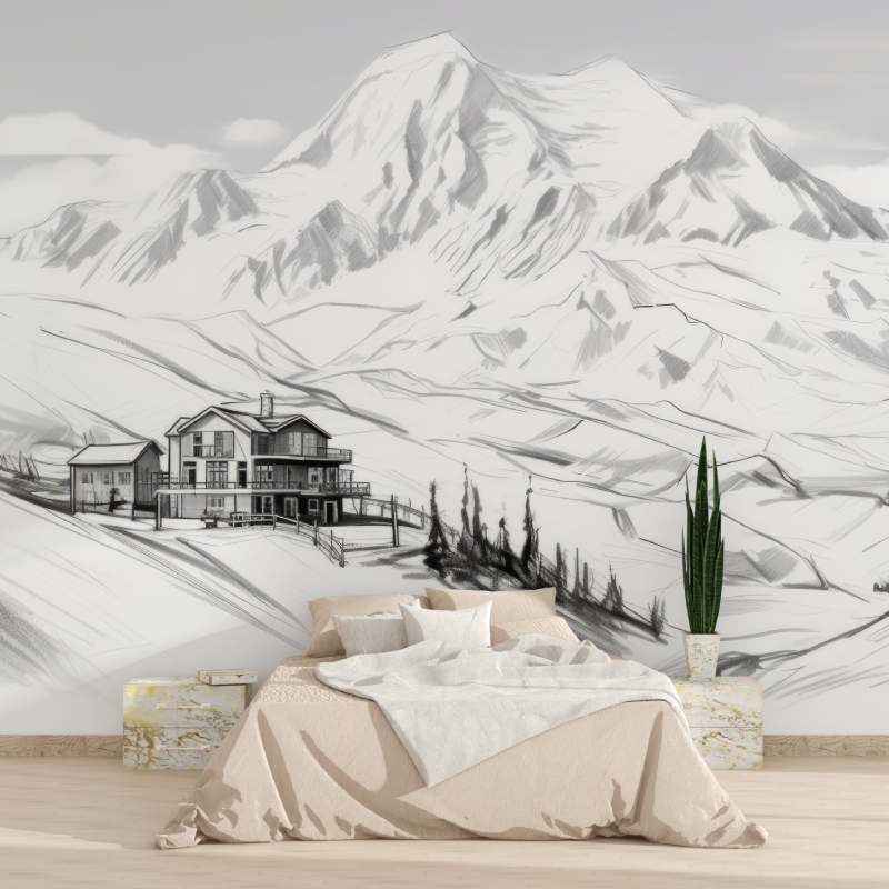 Papier peint noir et blanc chalet dessin tapisserie 2025