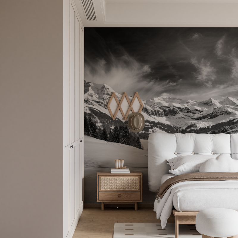 Papier peint panoramique montagnes noir et blanc mural