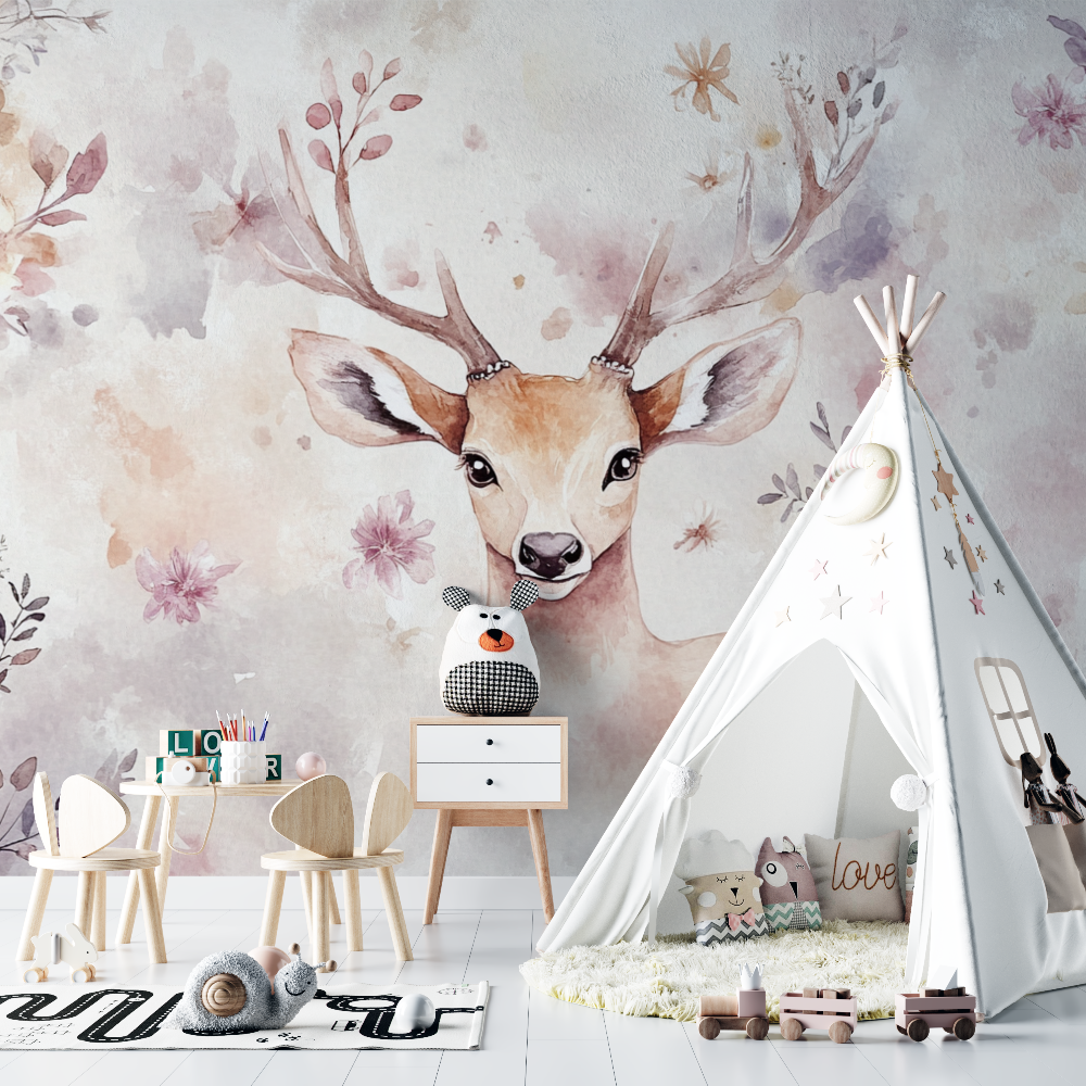 Papier peint animaux cerf couro...etites fleurs chambre bebe