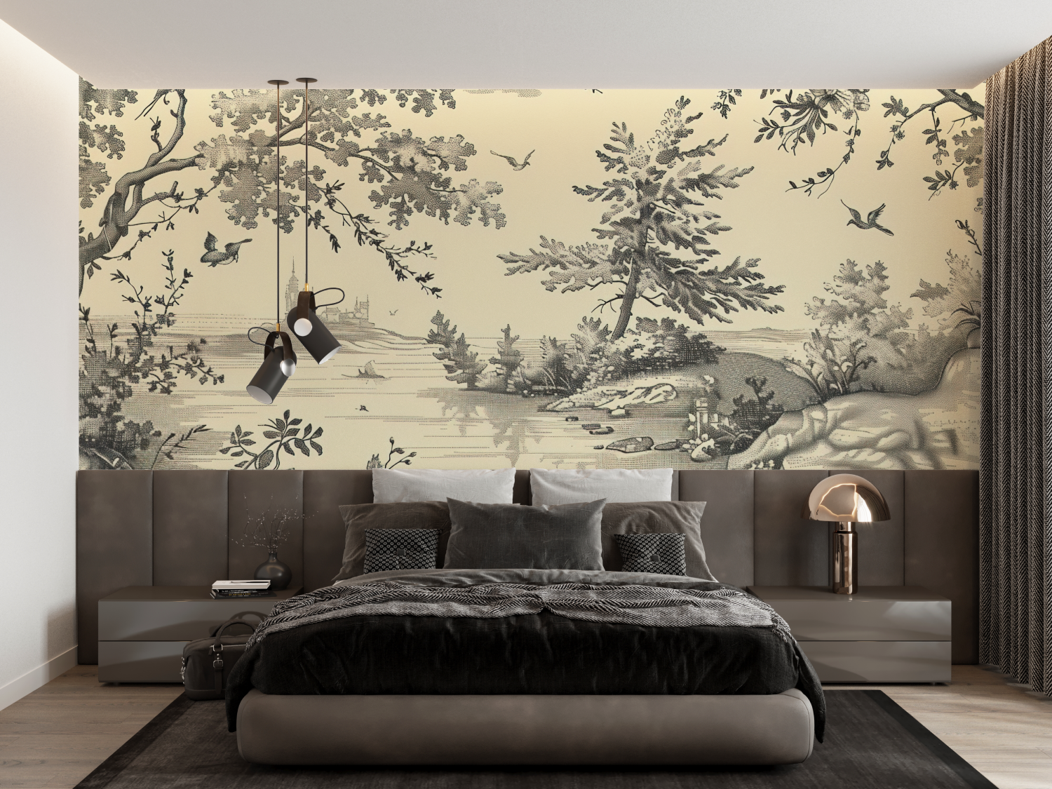 Papier Peint Toile De Jouy Tapisserie Noir - francais