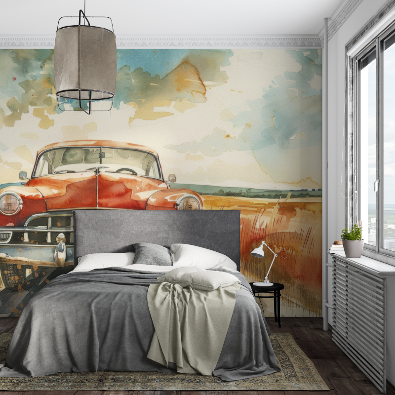 Papier peint voiture vintage style aquarelle piece ados