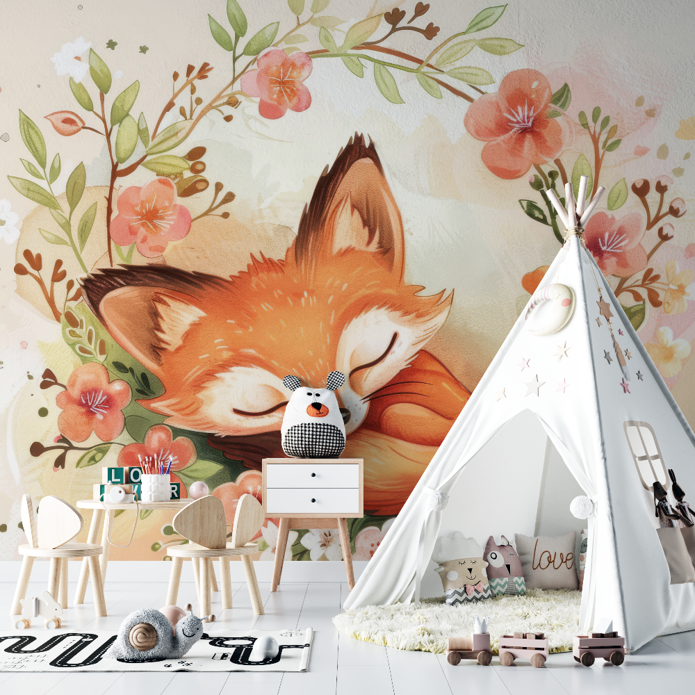 Papier peint renard couronne de fleurs chambre bebe