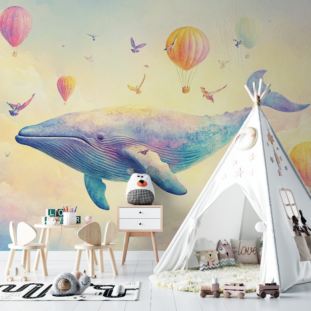 Papier peint baleine et montgolfiere chambre bebe