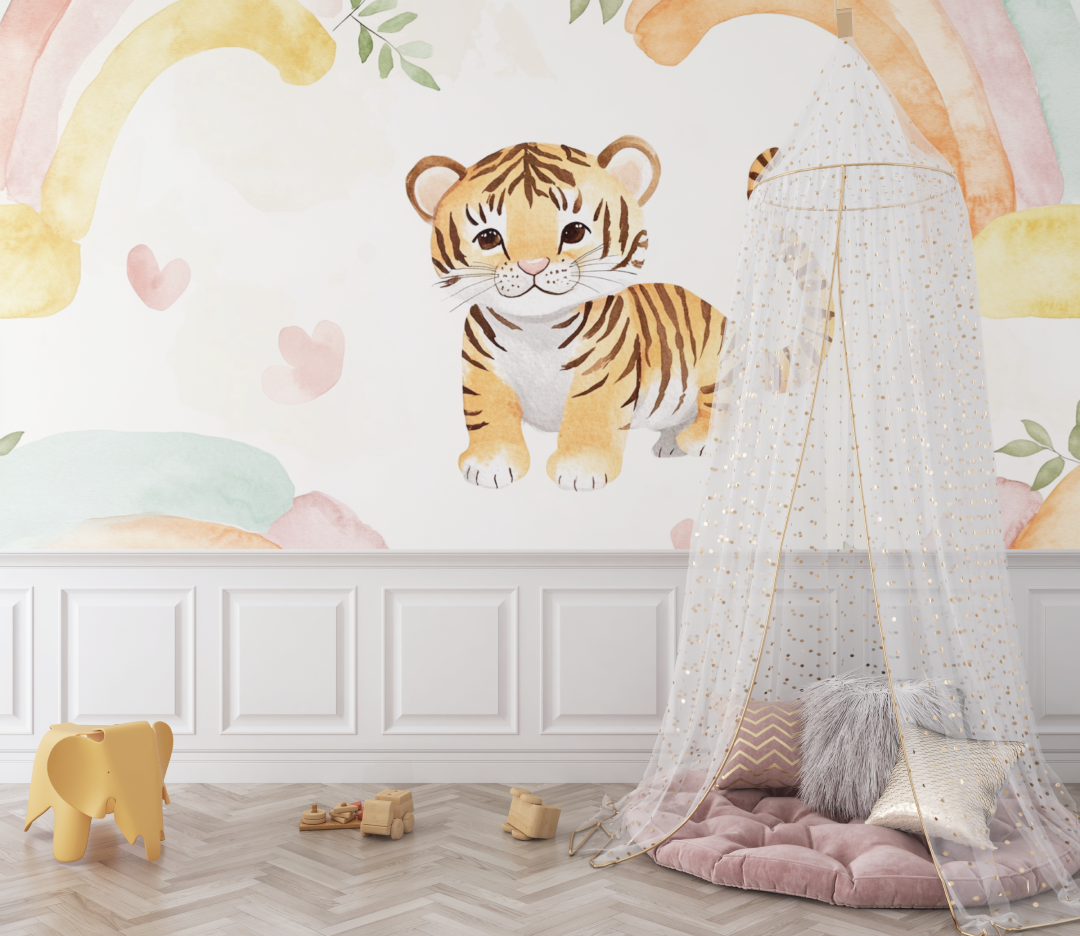 Papier peint tigre et arcs en ciel pastel bebe