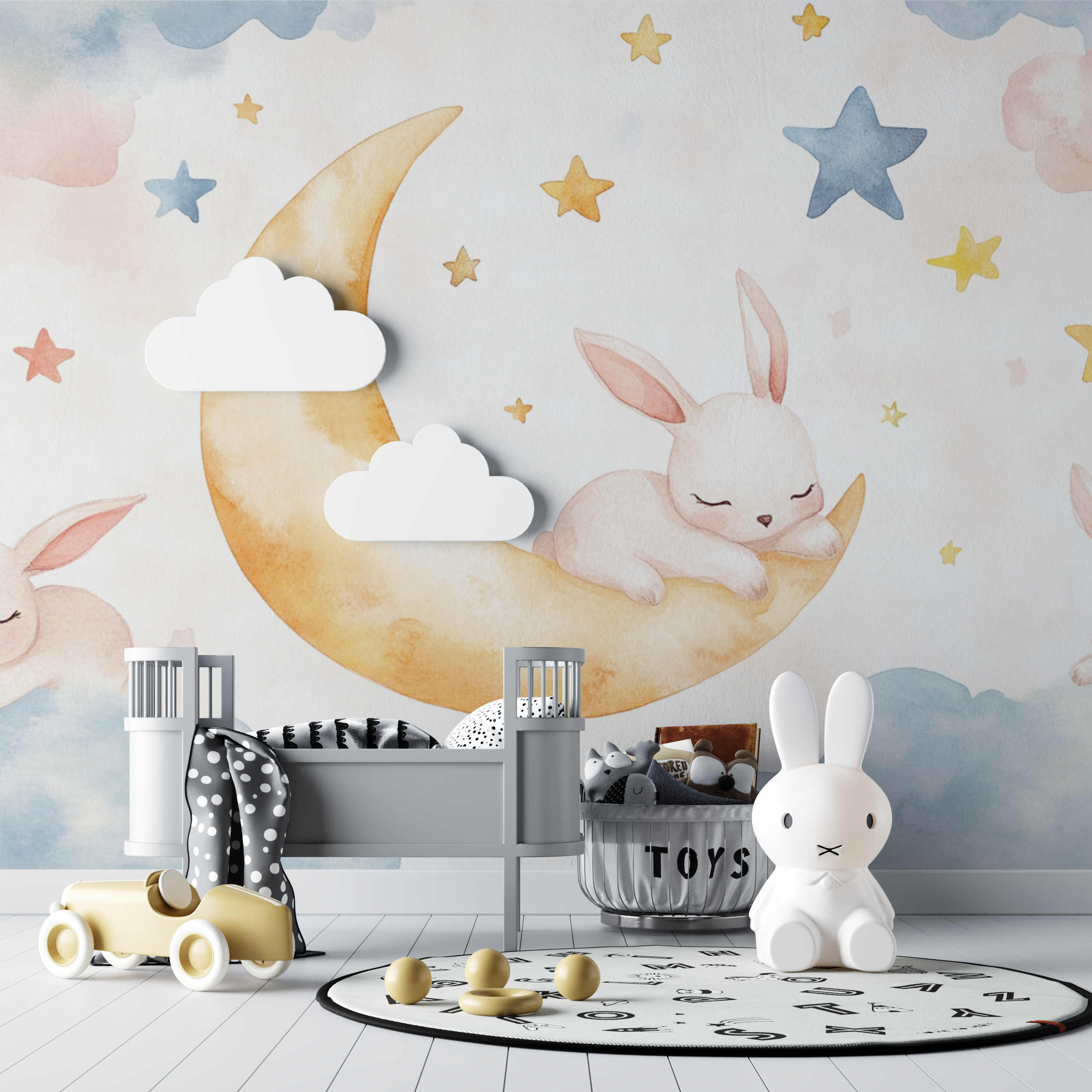 Papier peint animaux lapin et lune endormie bebe tipi
