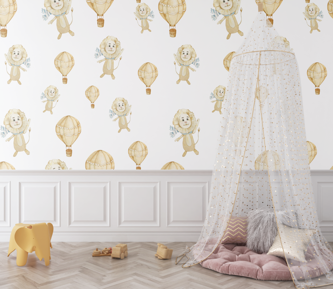 Papier peint lion et montgolfiere bebe