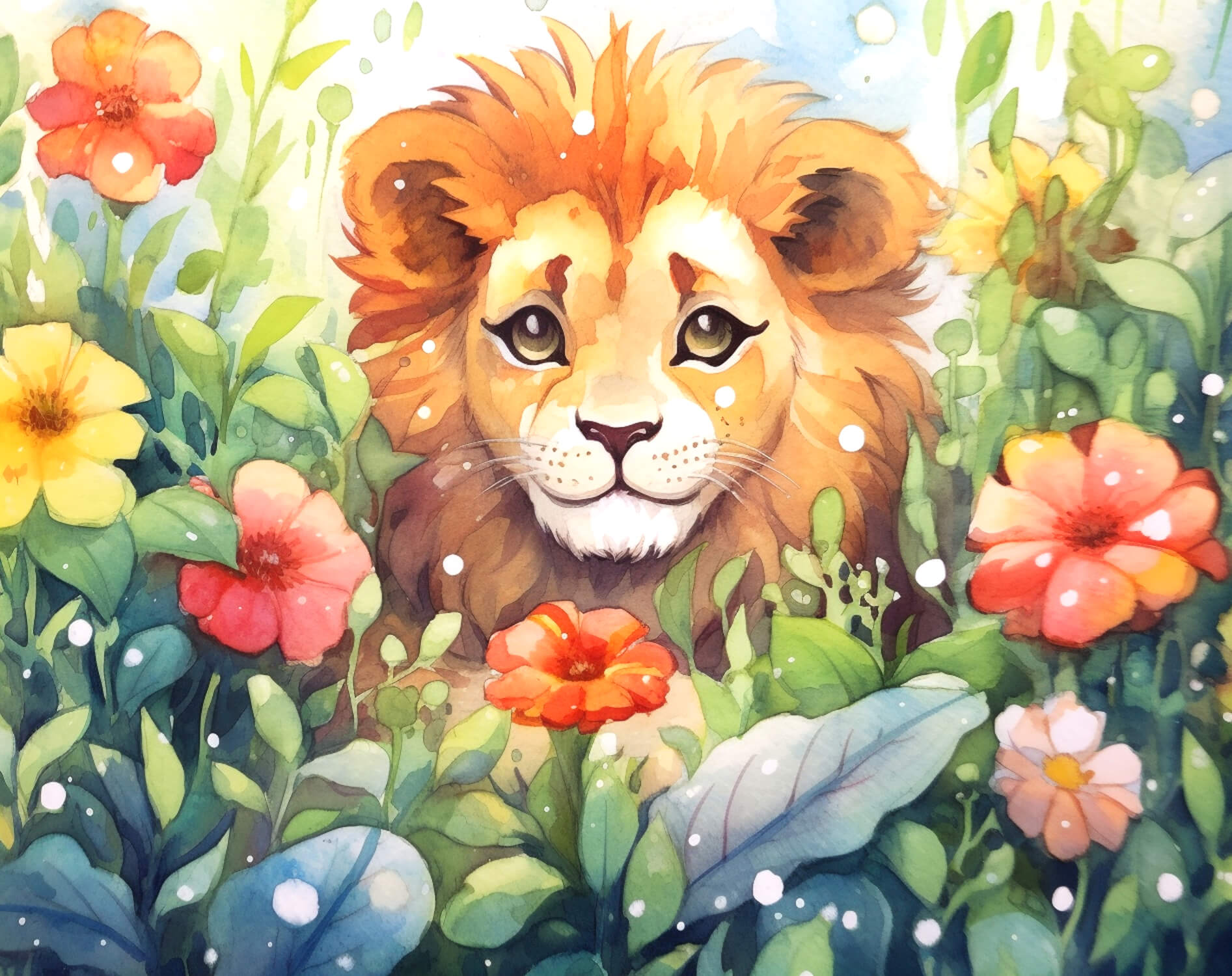 Papier Peint Lion Et Feuillage Aquarelle