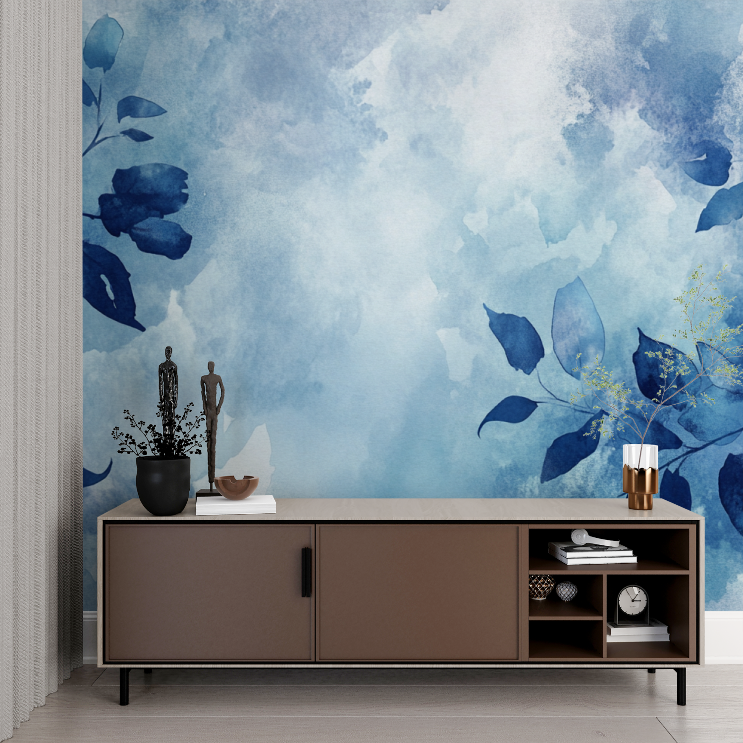 Papier peint aquarelle feuilles abstraites bleues imprime