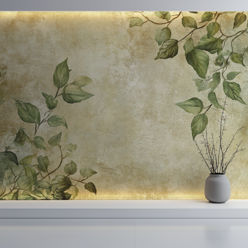 Papier peint vintage vegetal mur blanc