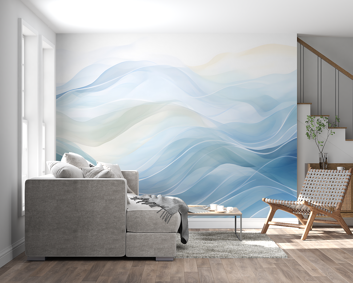 Papier peint aquarelle vague bleu panoramique mural