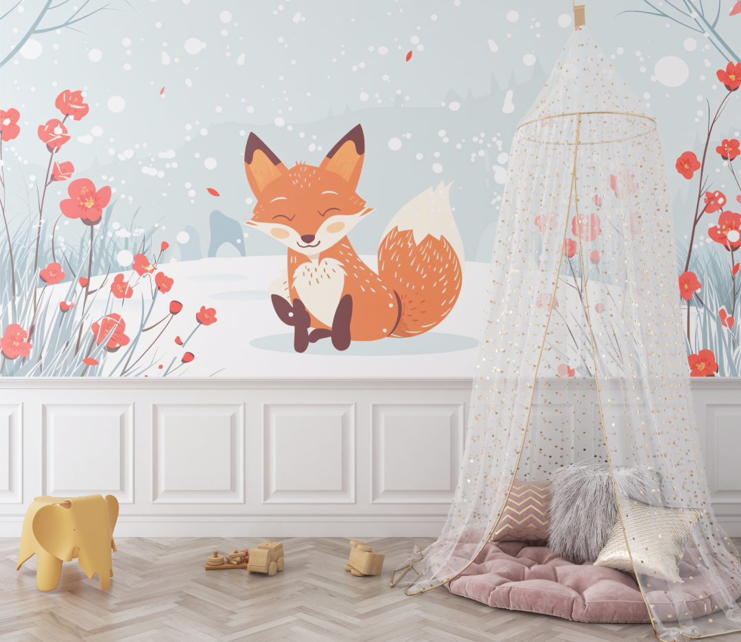 Papier peint renard foret bleu bebe