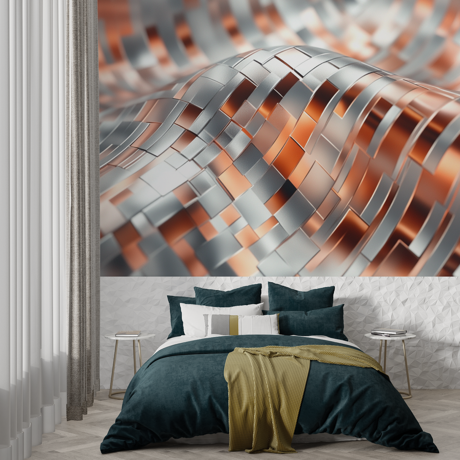 Papier peint terracotta et argente moderne trompe loeil