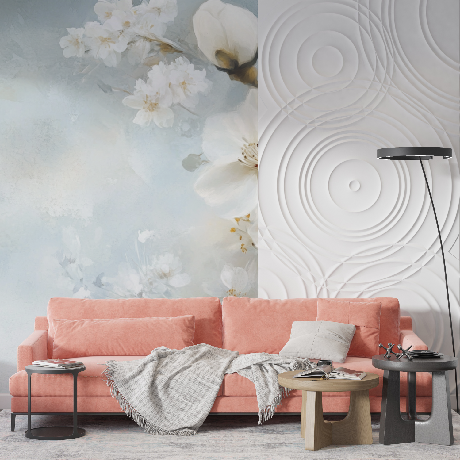 Papier peint aquarelle fleurs blanches delicates mur