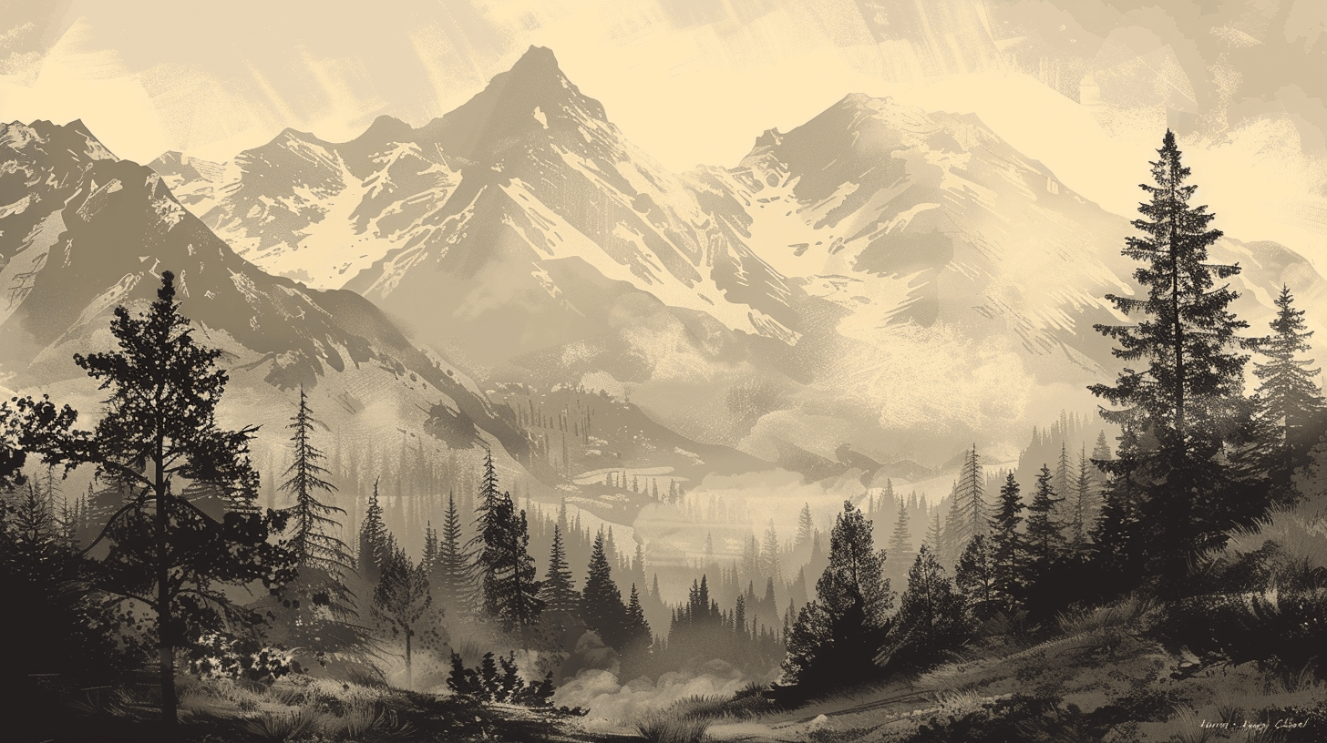 Papier Peint Sapin Et Montagne Vintage Sépia