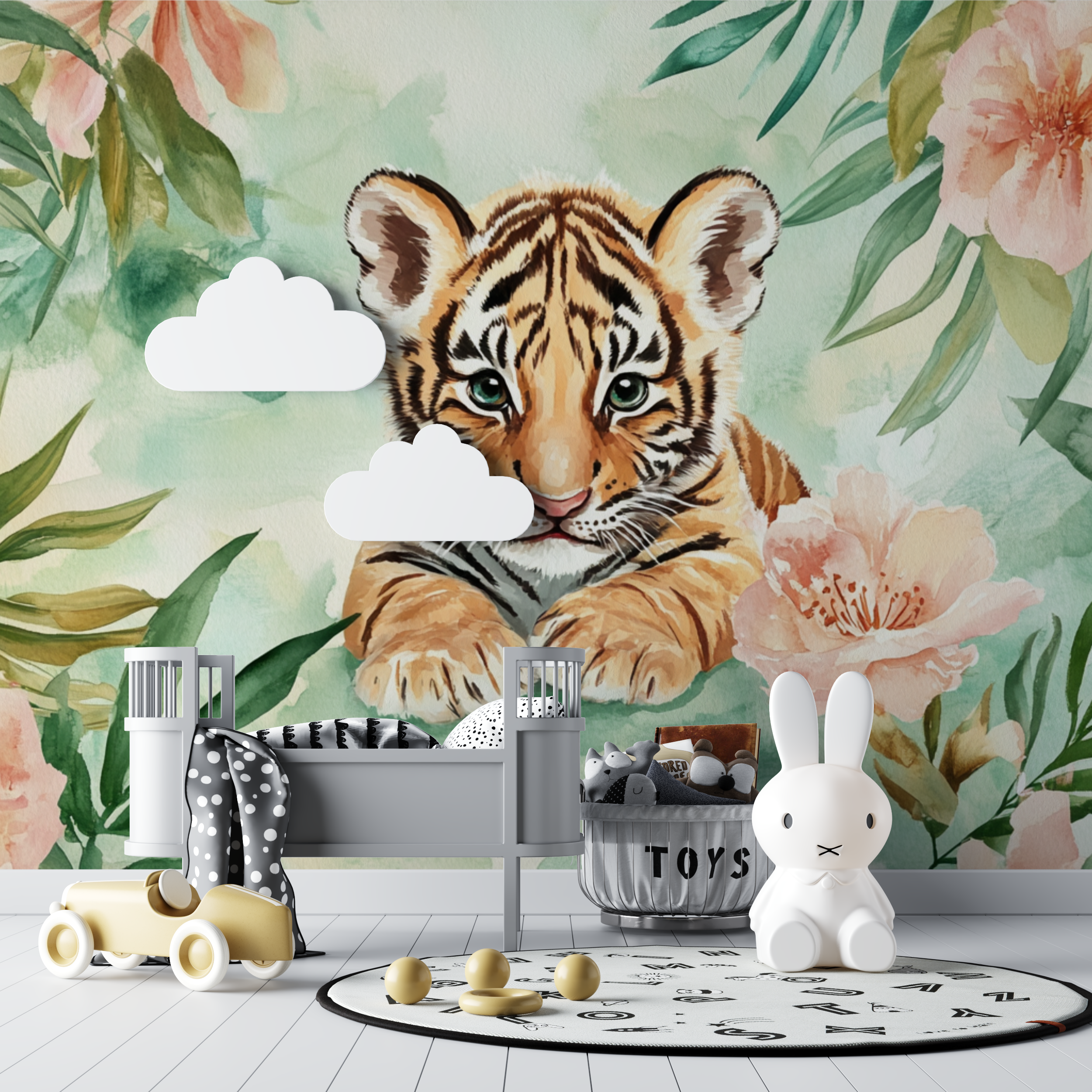 Papier peint tigre et feuillage aquarelle bebe tipi