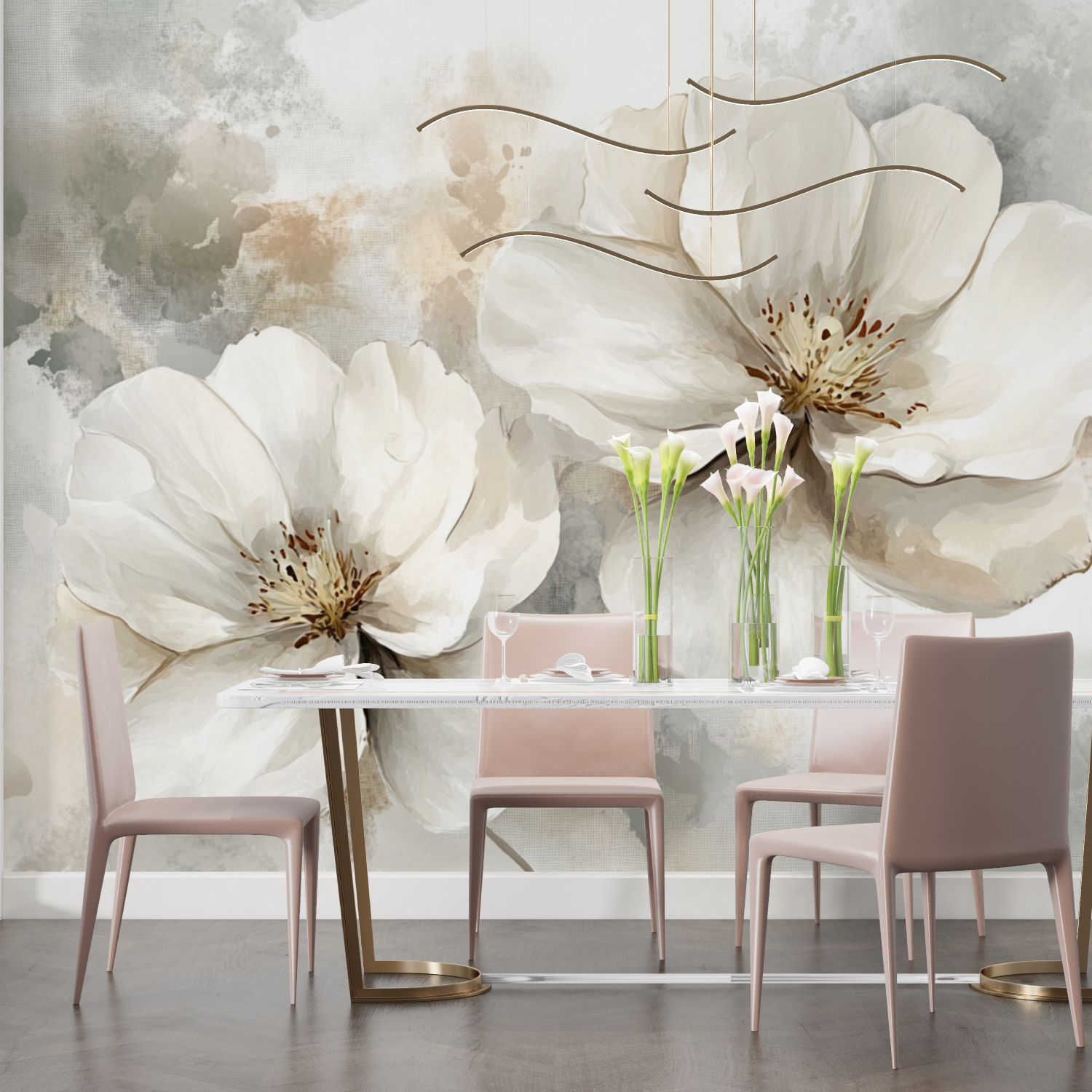Papier peint aquarelle grande fleur blanche salon