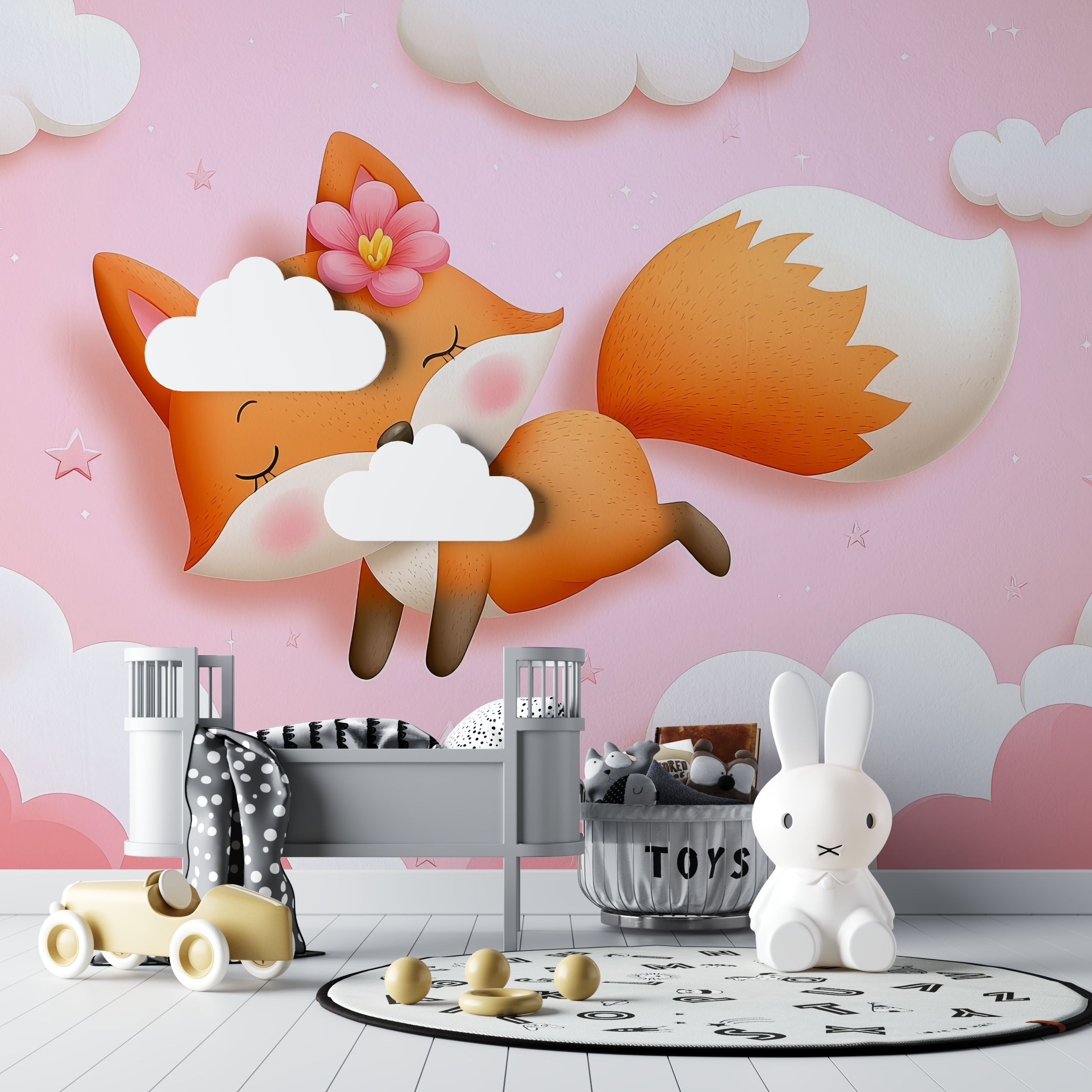 Papier peint renard chambre de fille bebe tipi