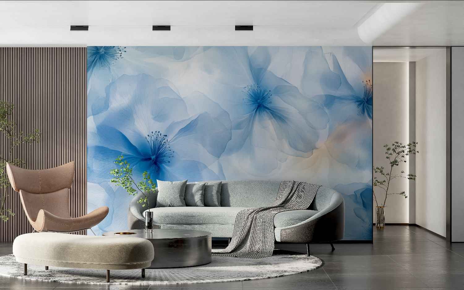 Papier peint aquarelle fleurs bleues x ray tendance 2024