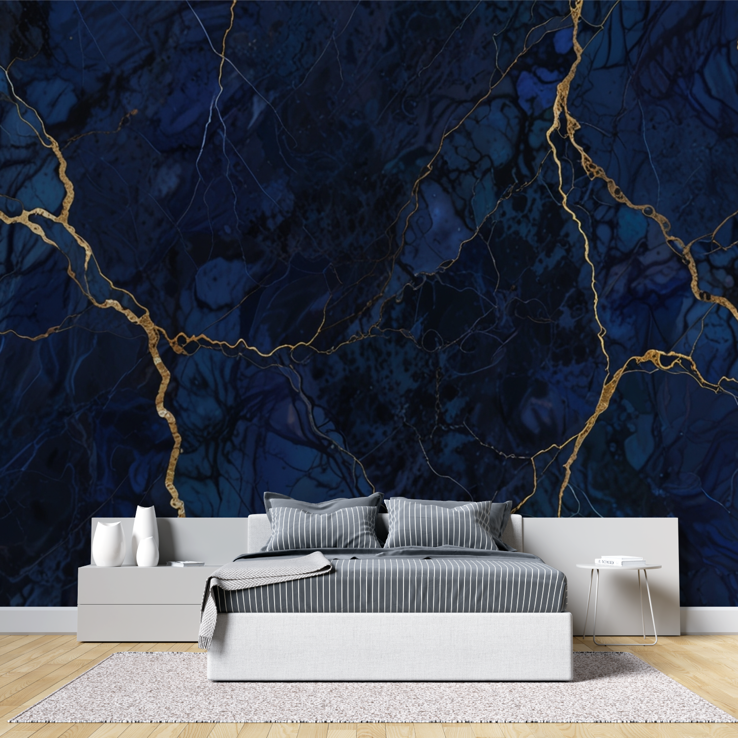Papier Peint Bleu Roi Et Or Marbre - chambre adulte