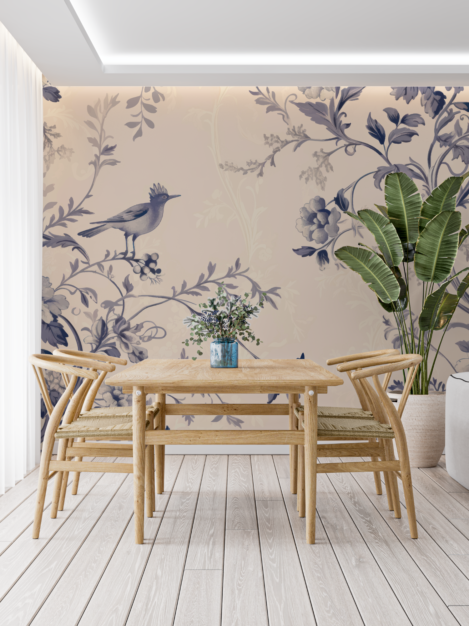Papier Peint Toile De Jouy Ton Bleu - trompe l'oeil