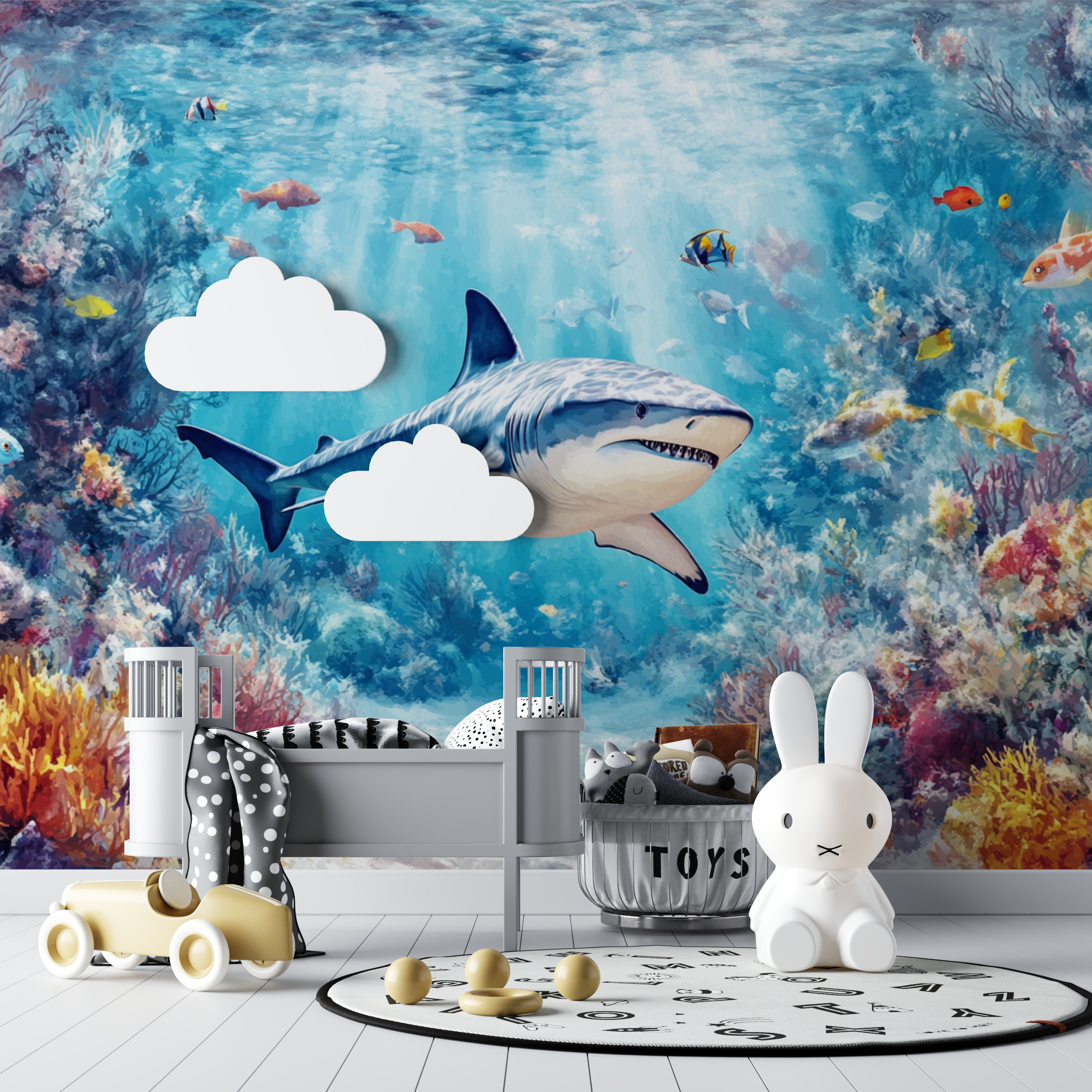 Papier peint marin panoramique requin bebe tipi