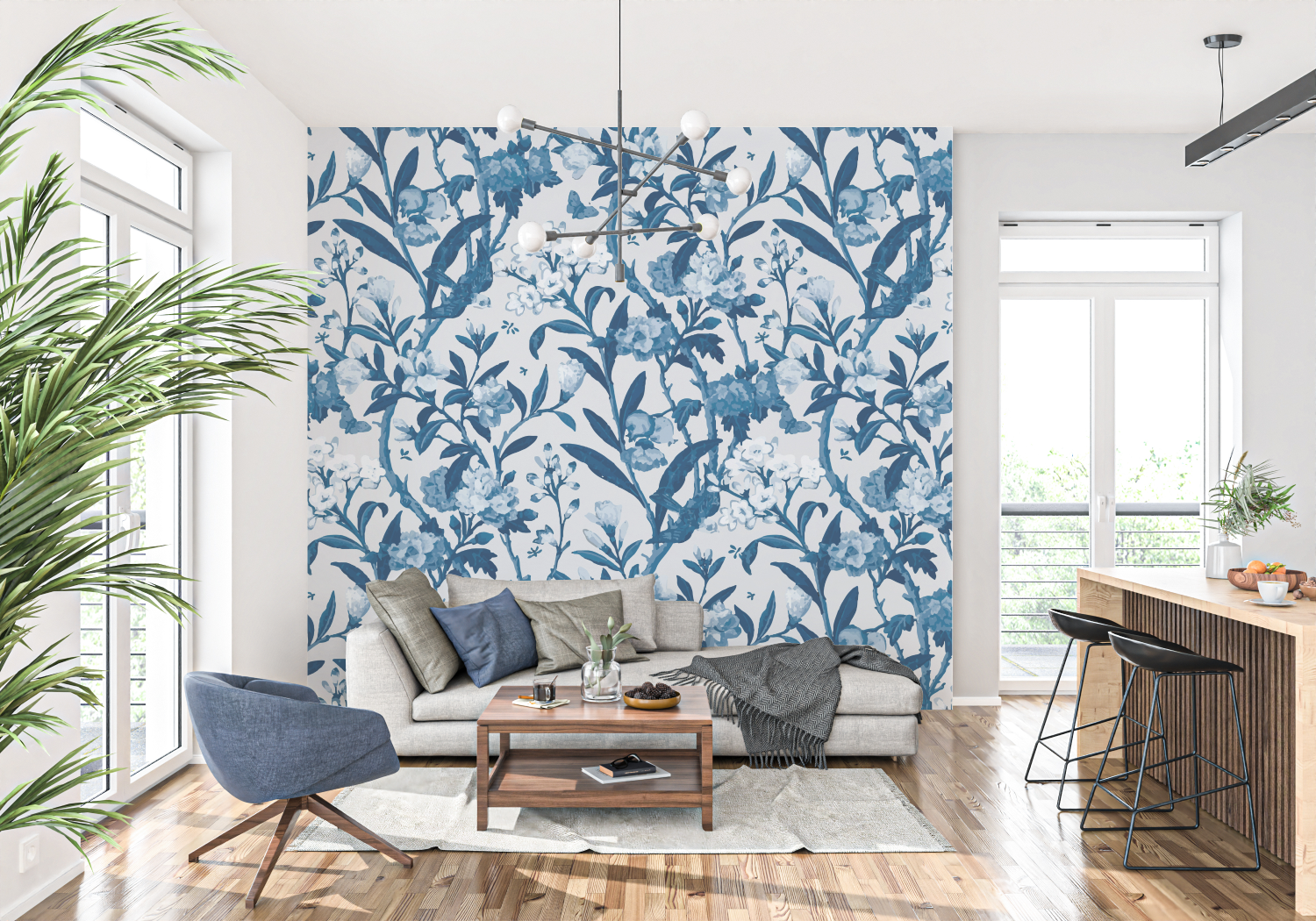 Papier Peint Toile De Jouy Fleurs Bleu - francais