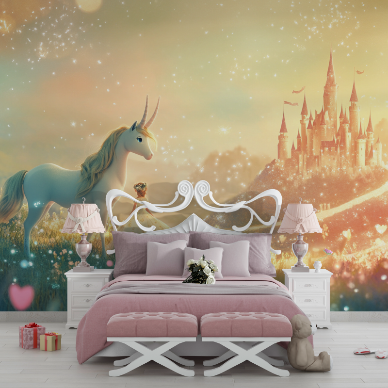 Papier peint chateau princesse et licorne chambre filles