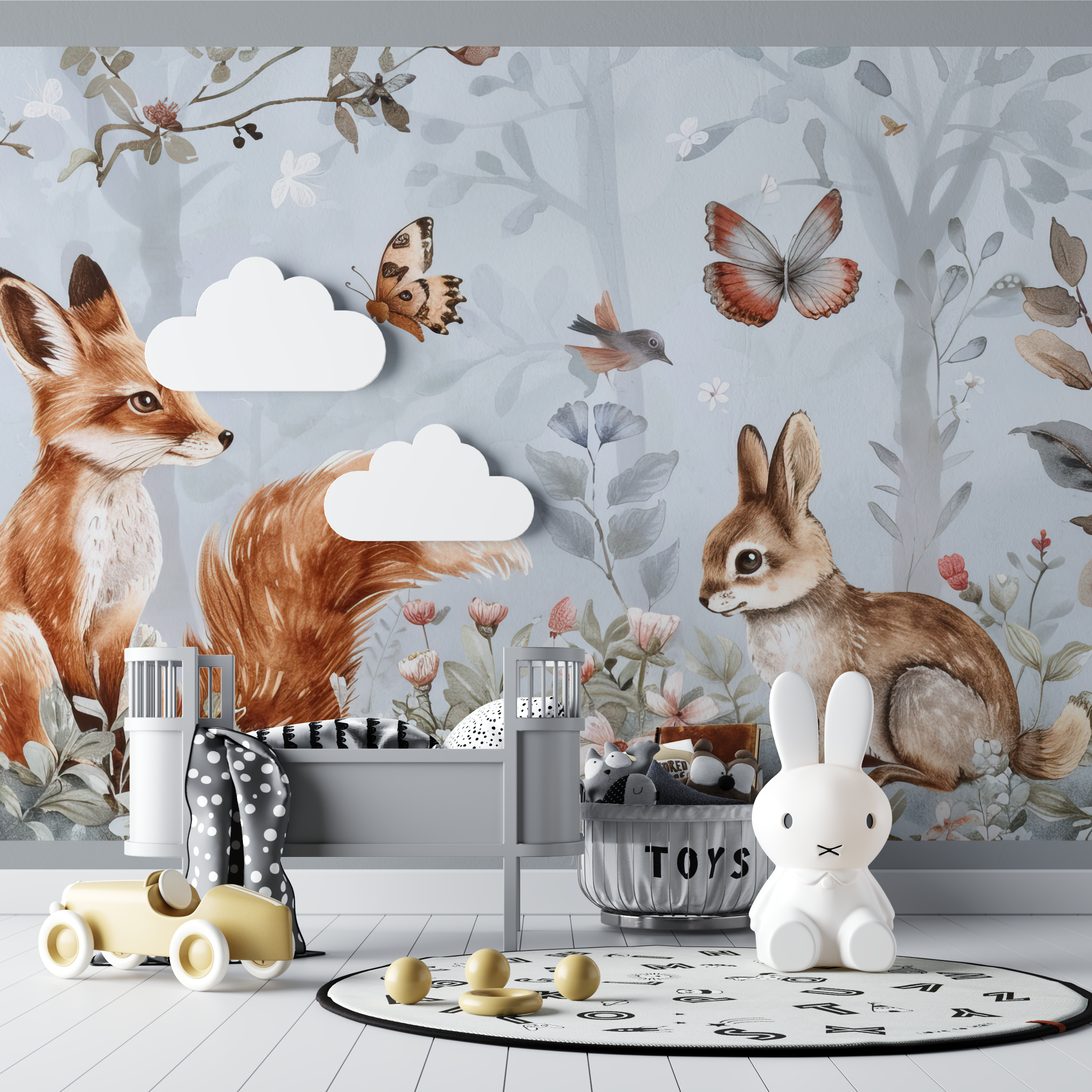 Papier peint panoramique renard fleurs bebe tipi