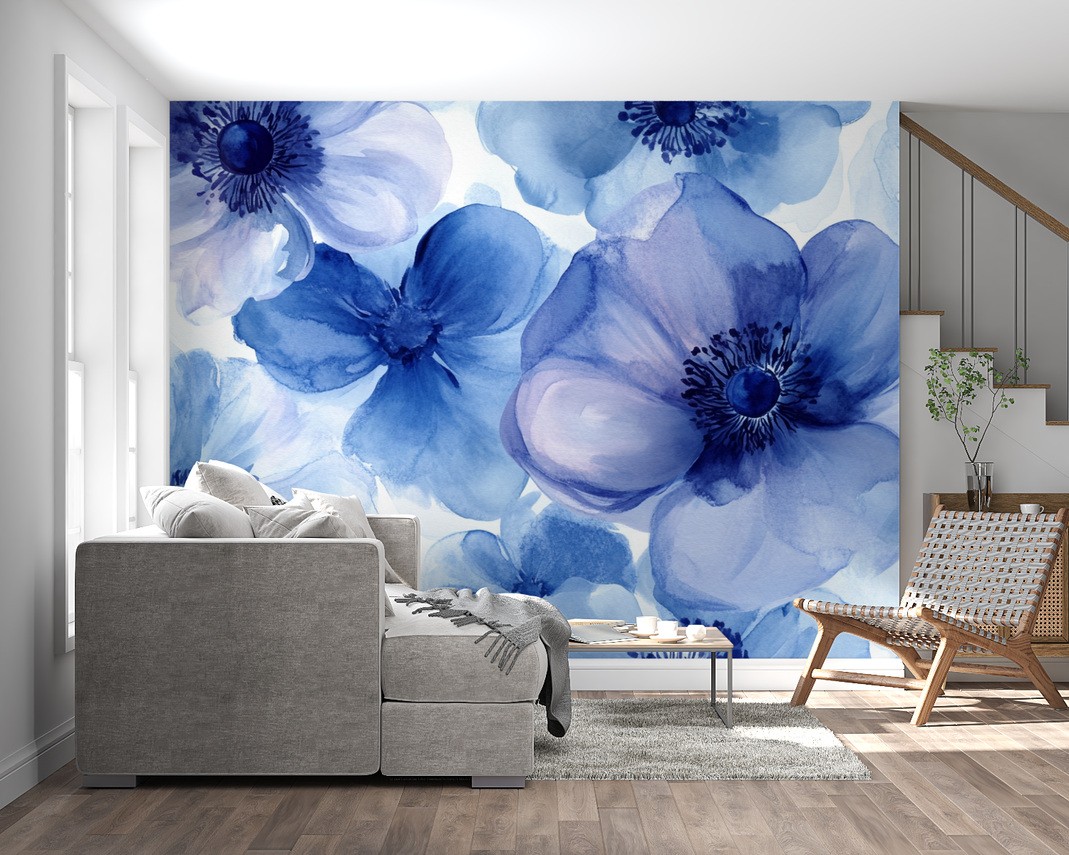 Papier peint aquarelle fleurs b...stueuses panoramique mural