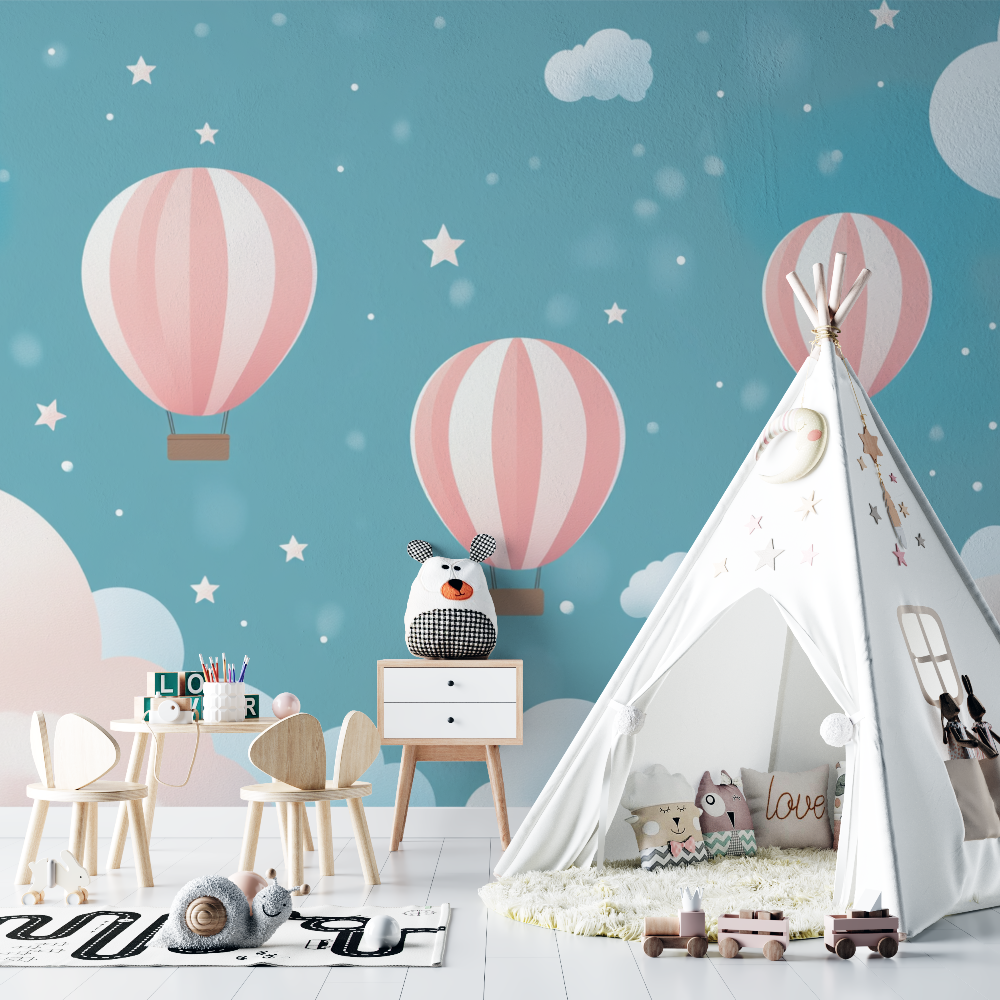 Papier peint montgolfiere et etoiles filantes chambre bebe
