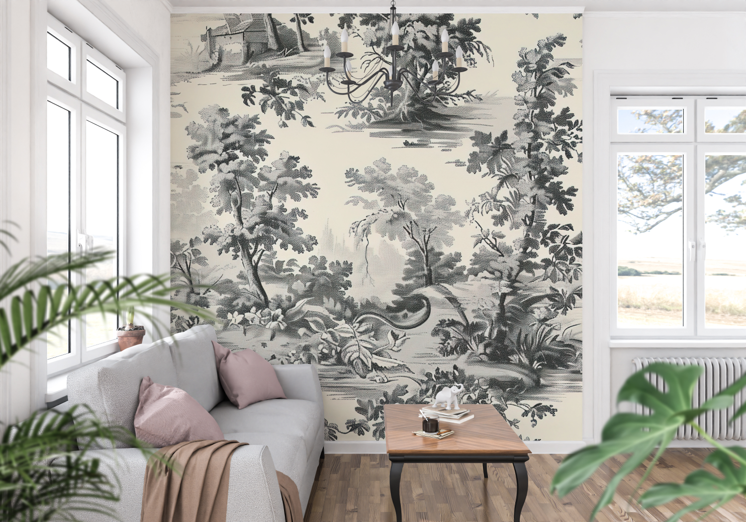 Papier Peint Toile De Jouy Arbuste - trompe l'oeil