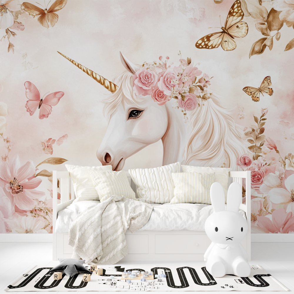Papier peint licorne princesse ...es fleurs tapisserie fille