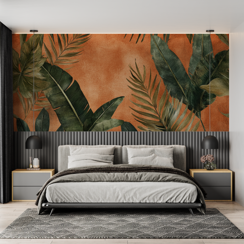 Papier peint terracotta avec fe...es tropicales mural adulte
