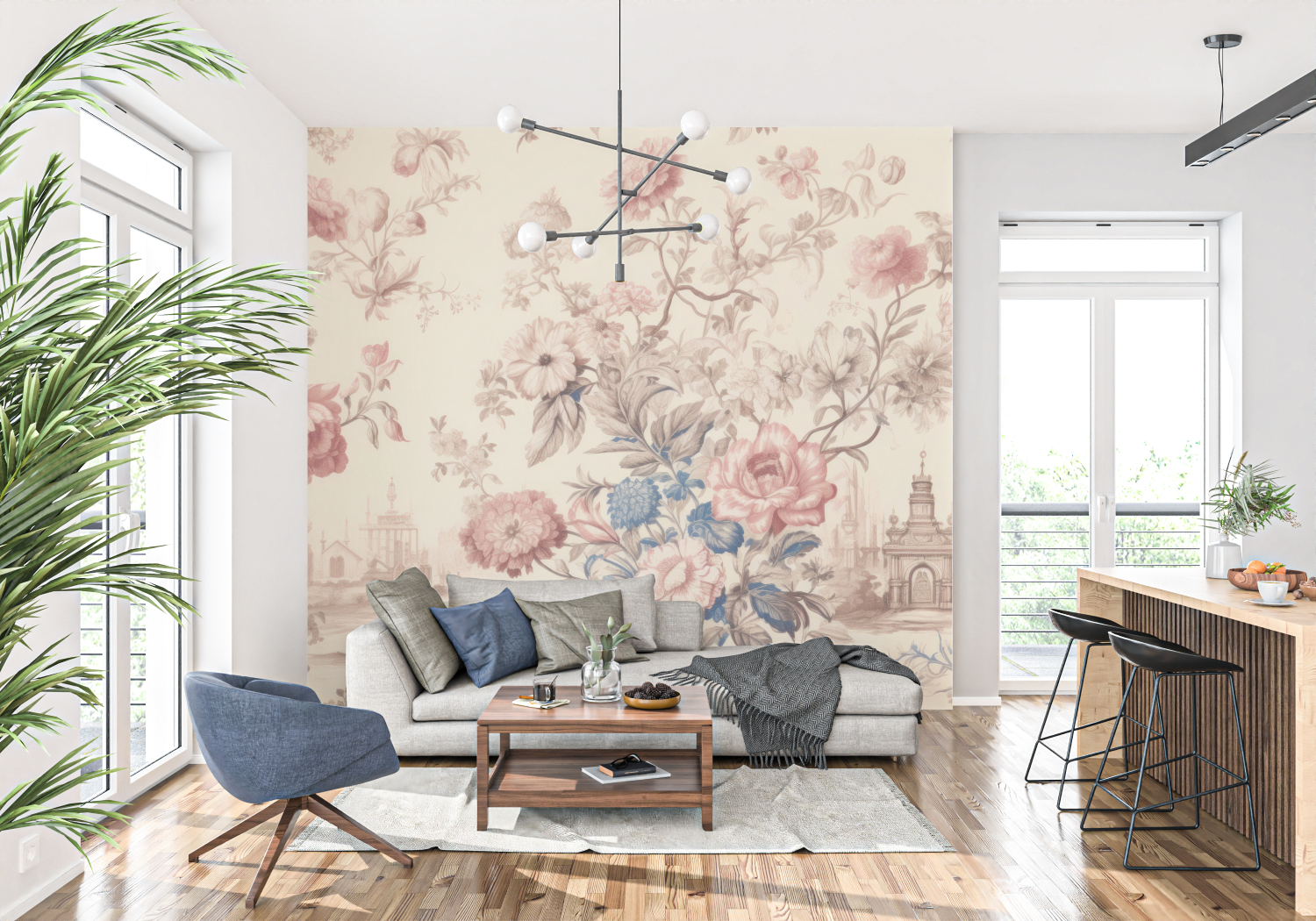 Papier Peint Toile De Jouy Bleu Rose - panoramique-mur