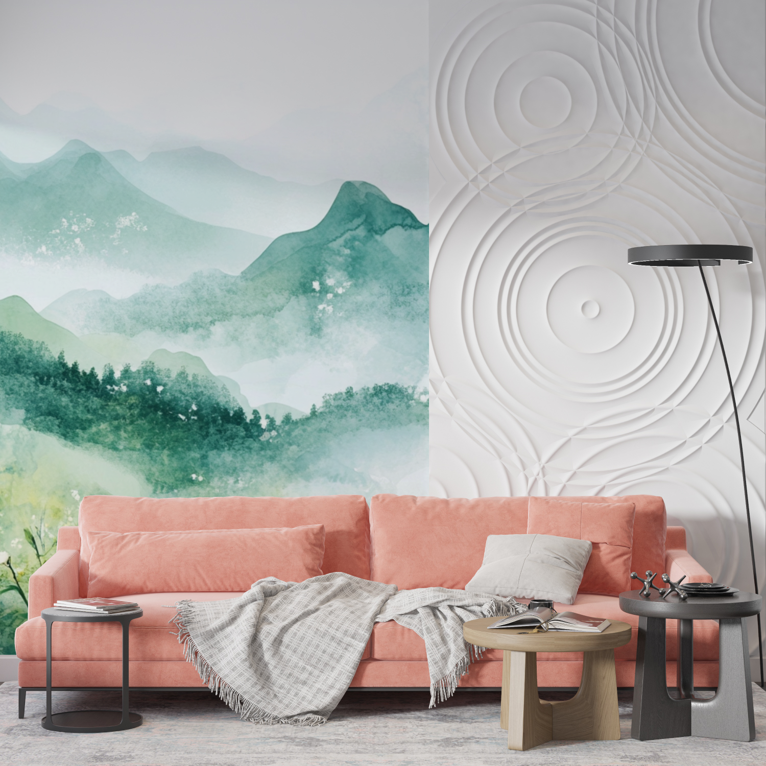 Papier peint aquarelle paysage floral avec collines mur