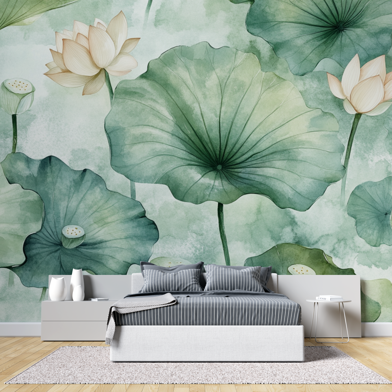 Papier peint aquarelle feuilles de lotus pastel tete de lit
