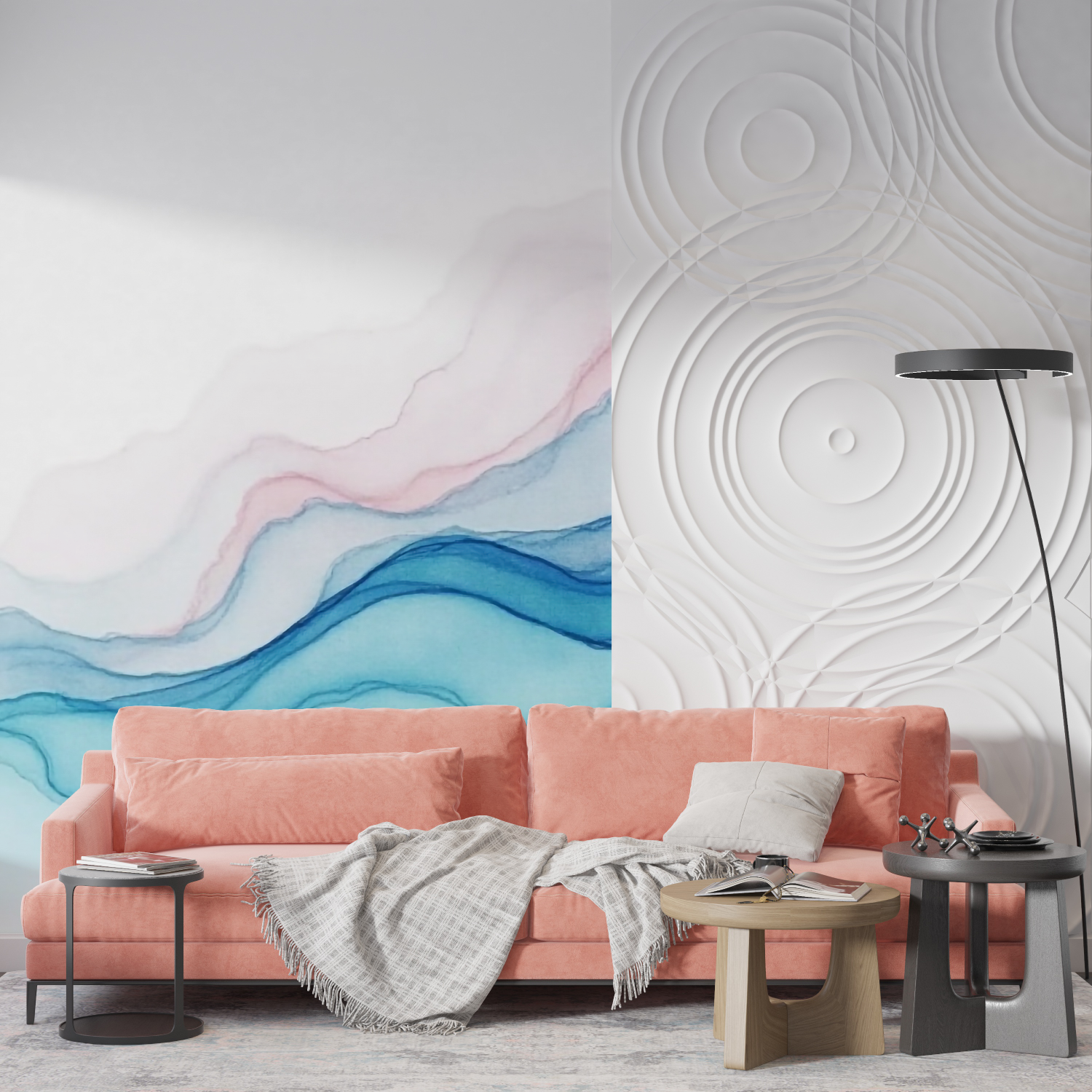 Papier peint aquarelle lignes bleur rose mur
