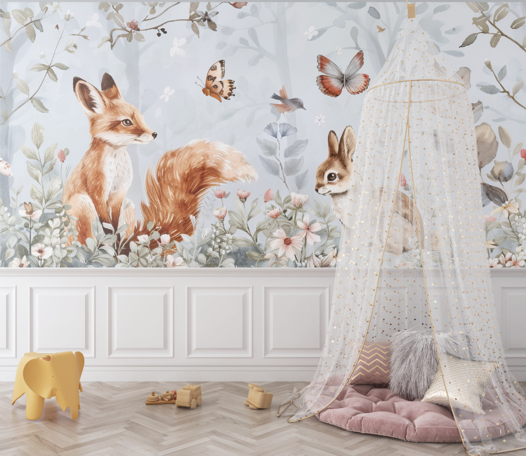 Papier peint panoramique renard fleurs bebe