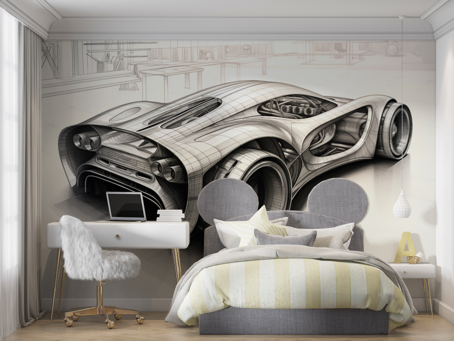 Papier peint dessin technique v...re mur chambre panoramique
