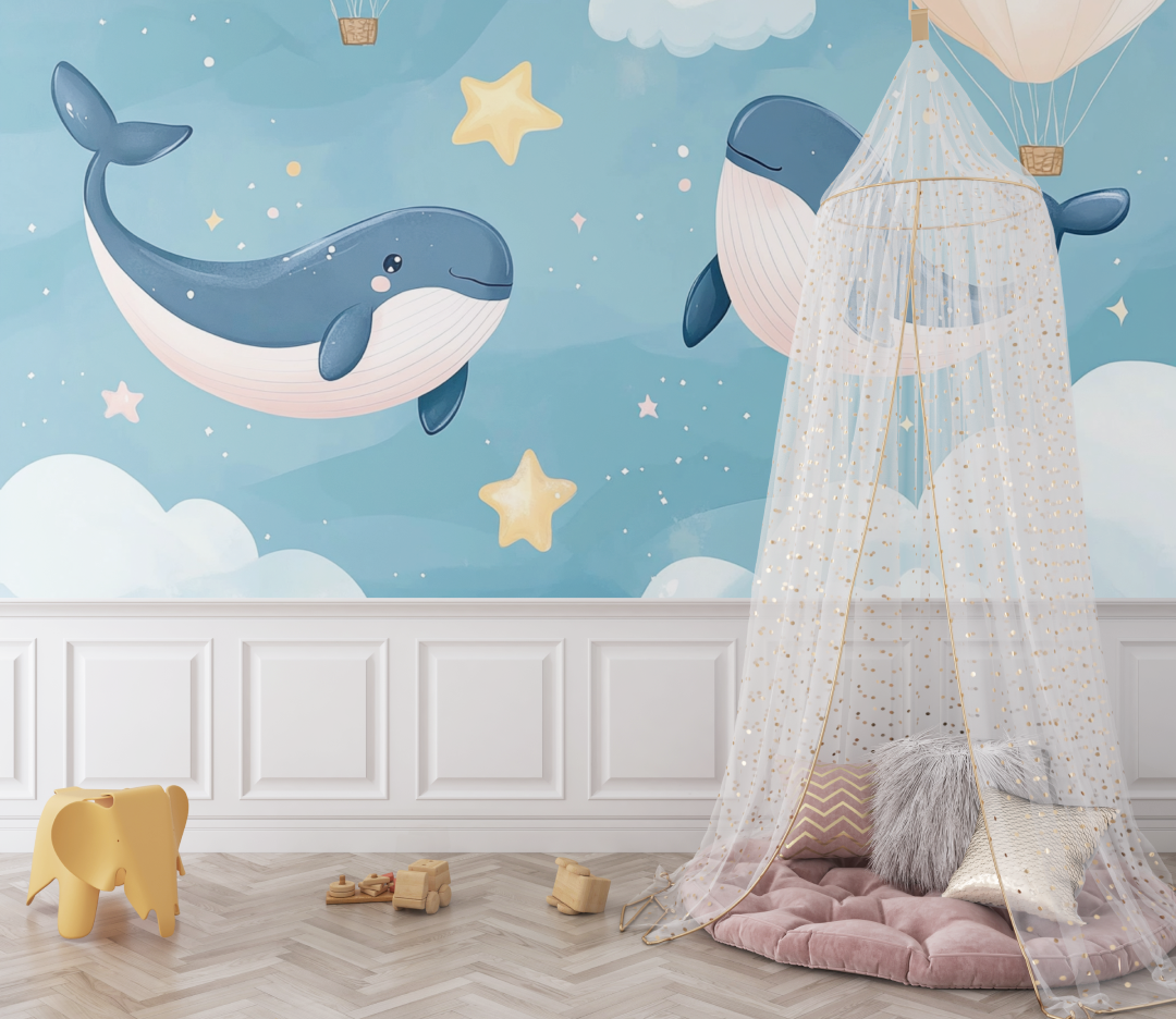 Papier peint marin duo baleine dans les nuages bebe