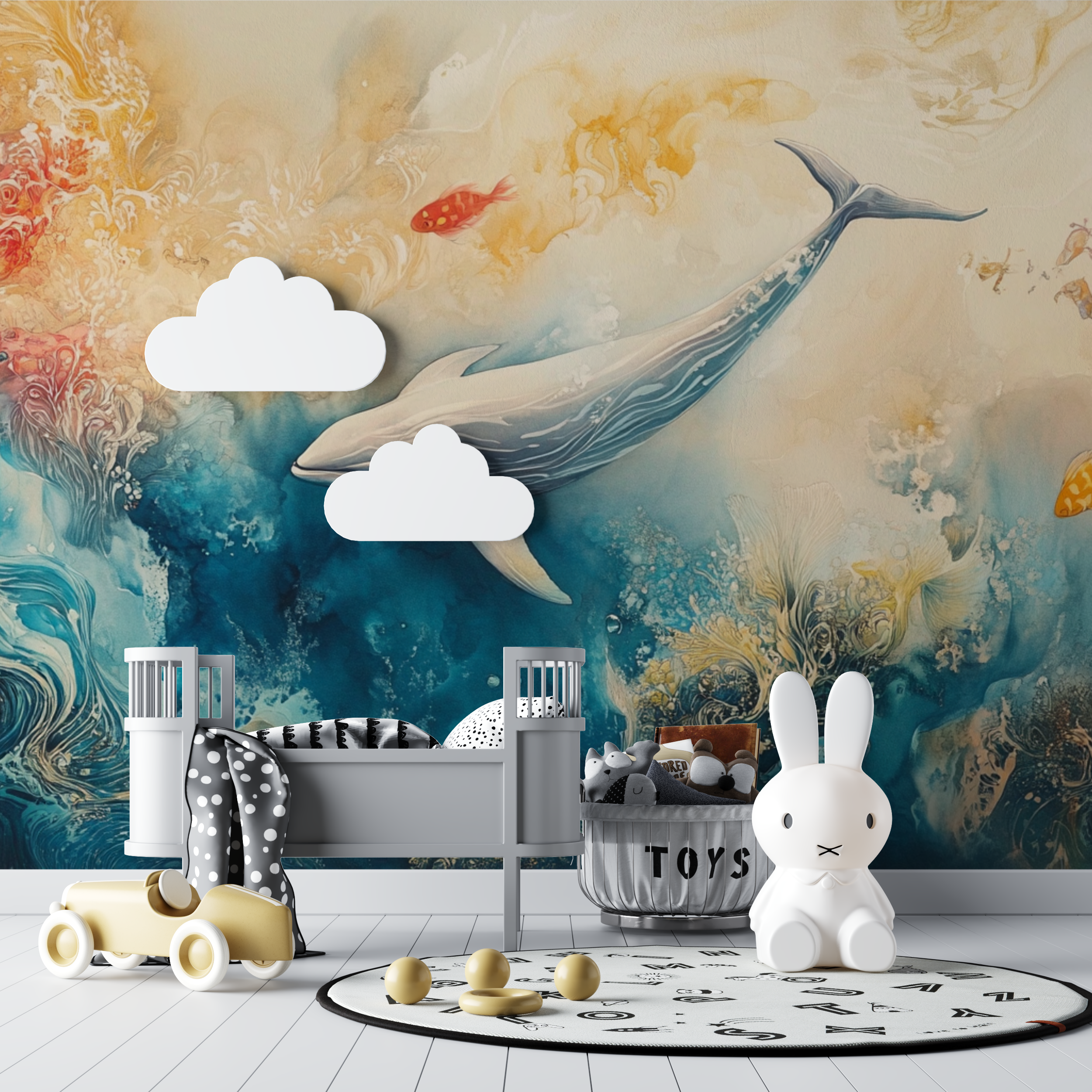 Papier peint baleine aquarelle multicolore bebe tipi