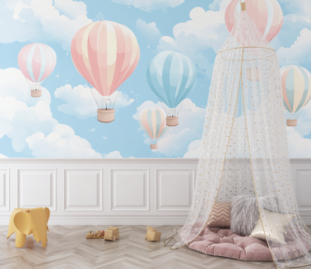 Papier peint montgolfiere et ciel rose tendre bebe