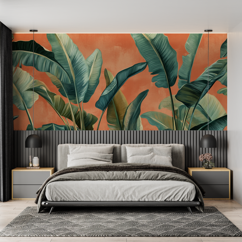 Papier peint terracotta avec fe...s de bananier mural adulte
