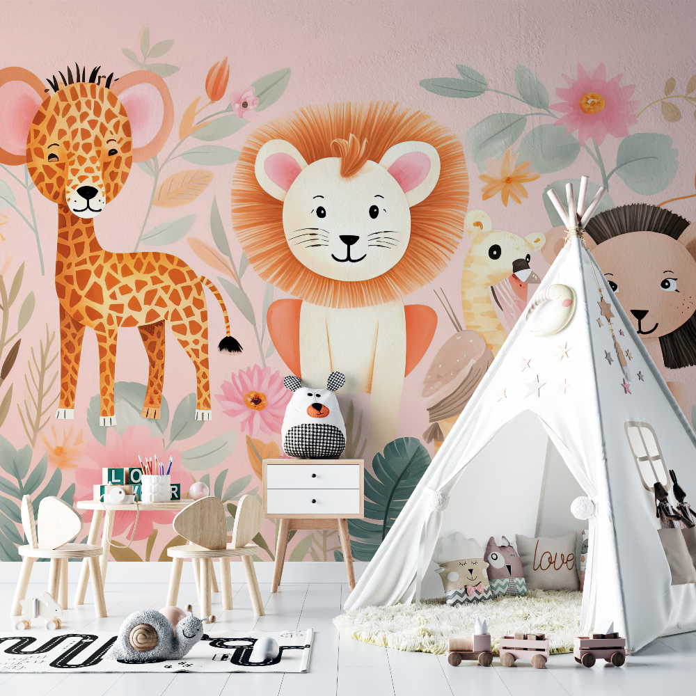 Papier peint lion tropicale rose chambre bebe