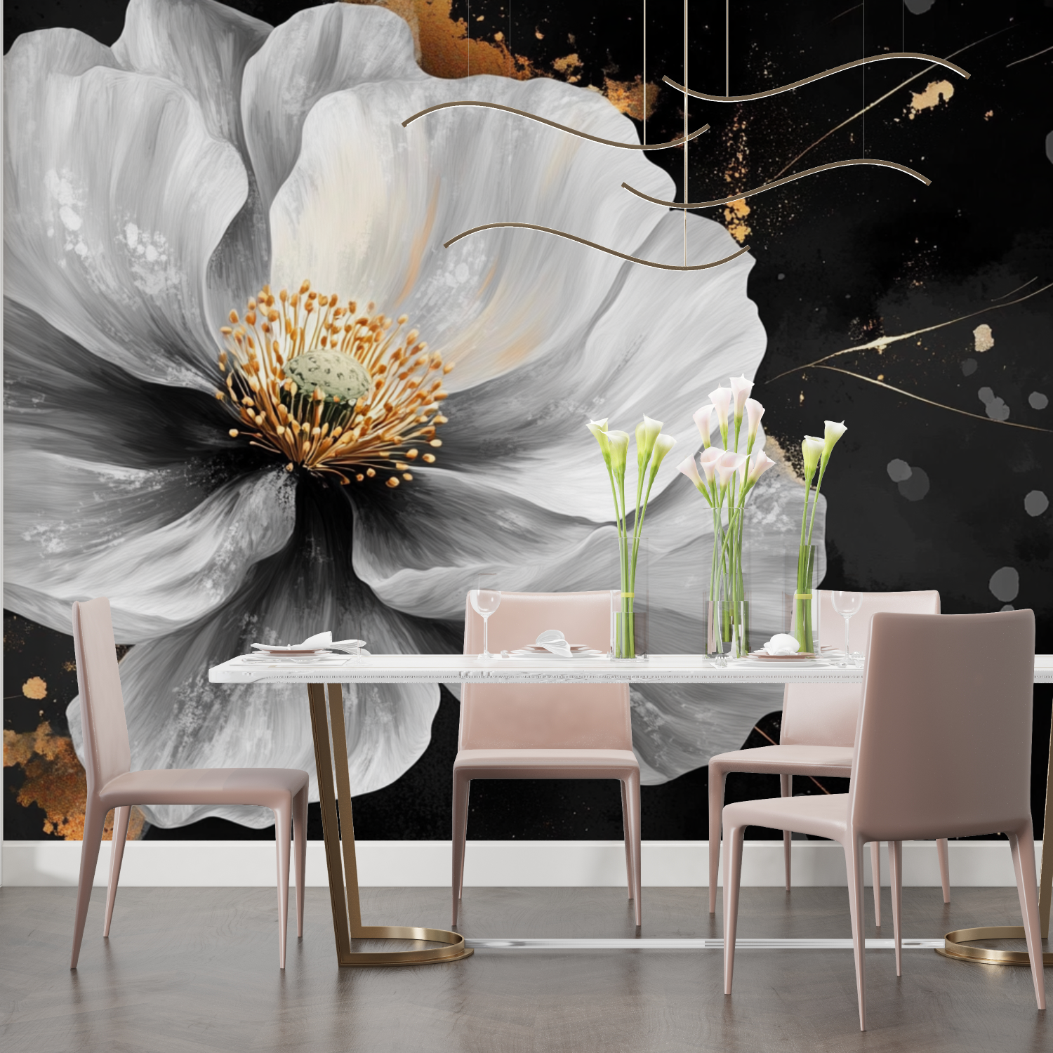 Papier peint aquarelle grande fleur blanche expressive salon